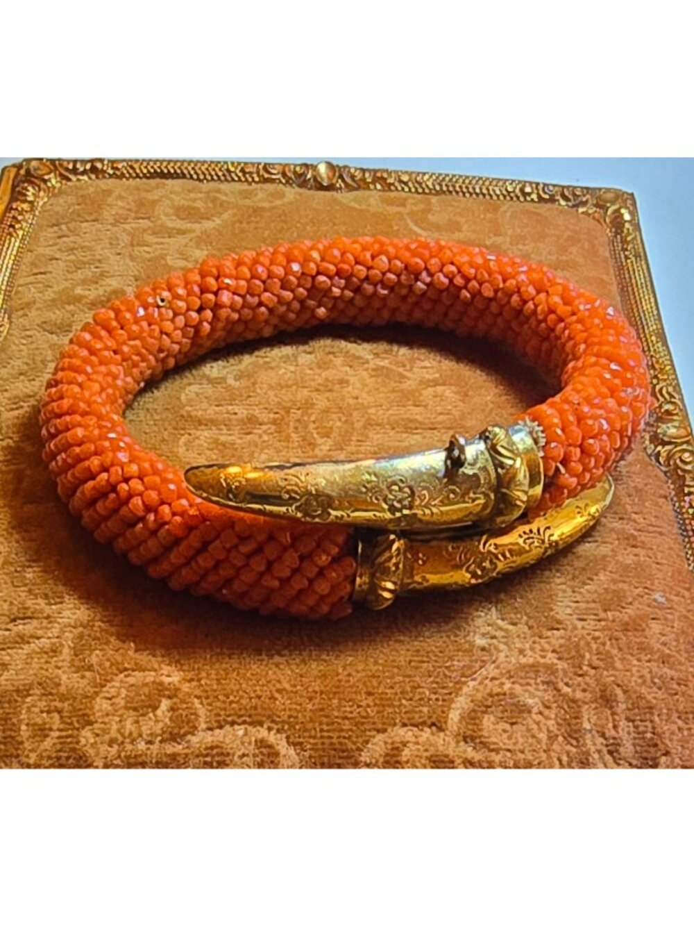 Antique Victorian Elaborate Gold-Filled & Coral Beaded Snake Bracelet (A5591)